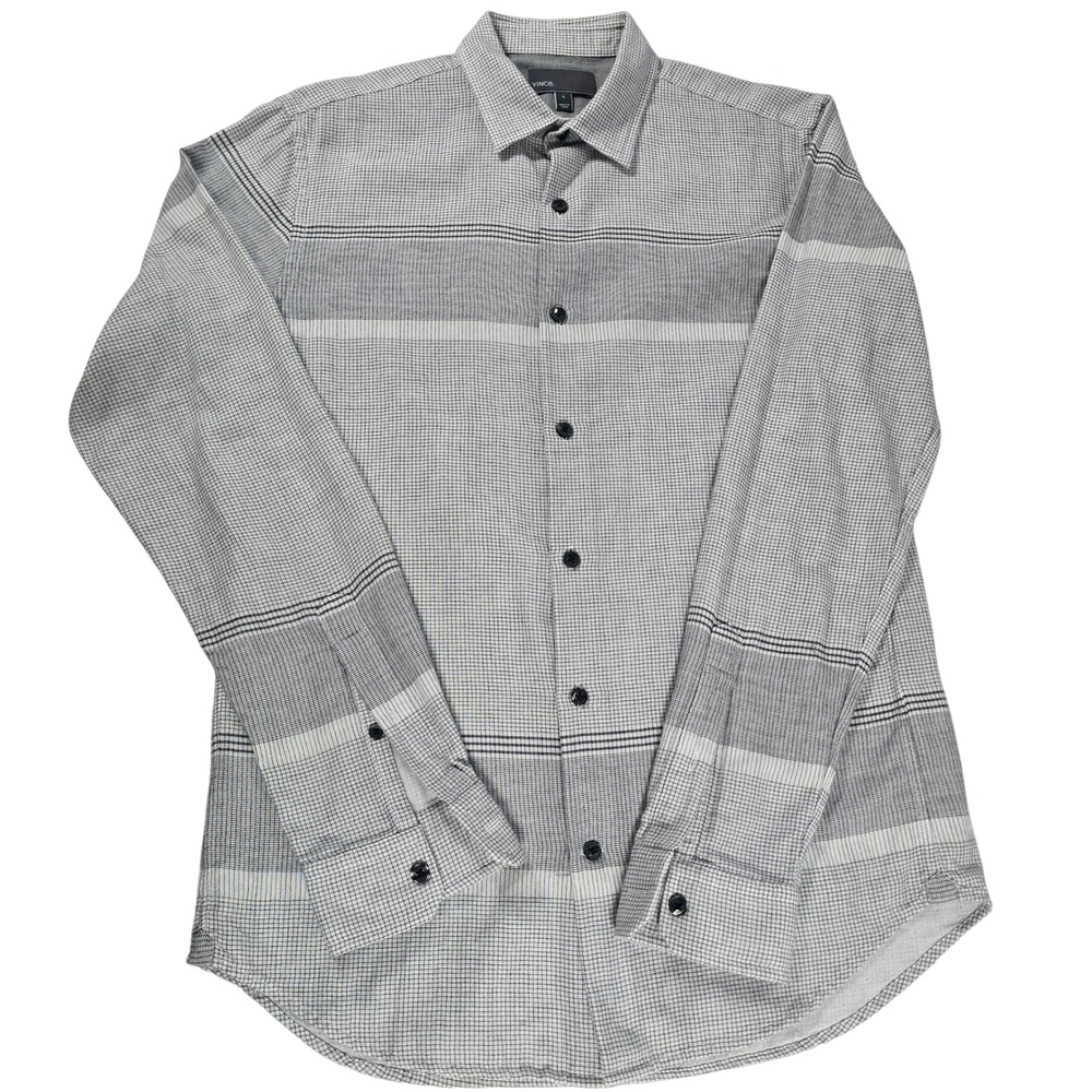 Vince Mens Grey White Micro Check Striped Cotton Button Down Shirt M2613-1208 S‎
